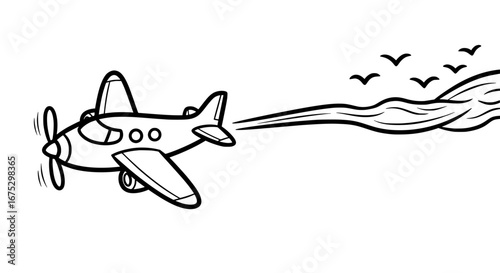 Airplane flying with trail and seagulls with transparent background