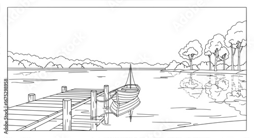Serene lakeside scene with dock and boat with transparent background