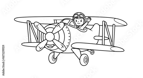 Child flying in vintage airplane with transparent background