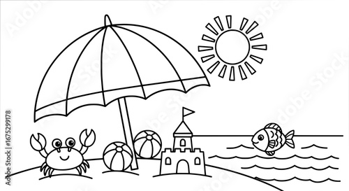 Beach scene with umbrella crab and fish with transparent background