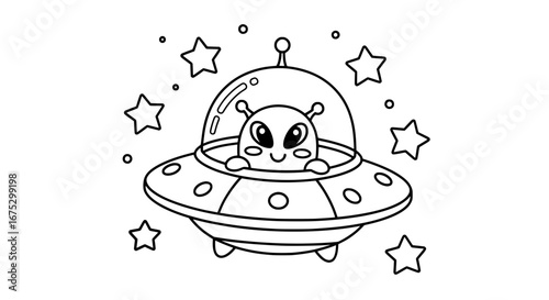 Cute alien in flying saucer with transparent background