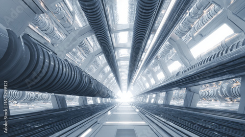 aerial view of data hall with symmetrical cooling ducts futuristic composition no people illustration concept scene visual for commercial design use high detail quality stock image illustration