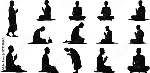 Buddhist monk silhouettes, meditation, prayer, worship, yoga, zen, spirituality, religion, mindfulness, harmony, silhouette vector, culture, peace, illustration