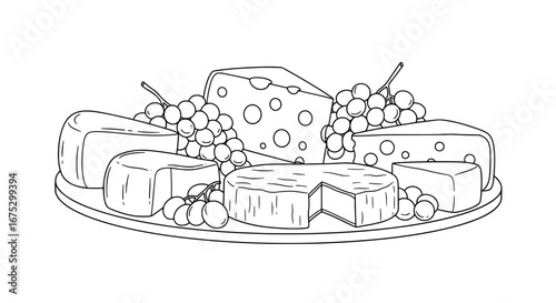 Cheese platter with grapes and crackers with transparent background