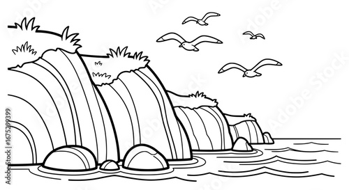 Cliffs and seagulls with transparent background