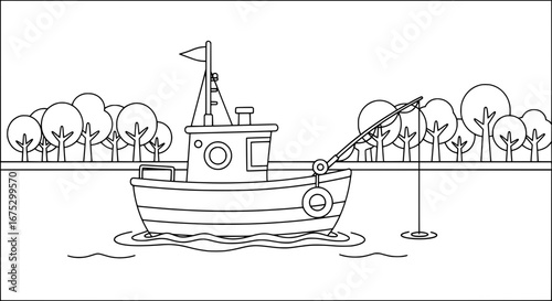 Fishing boat on water with trees in background