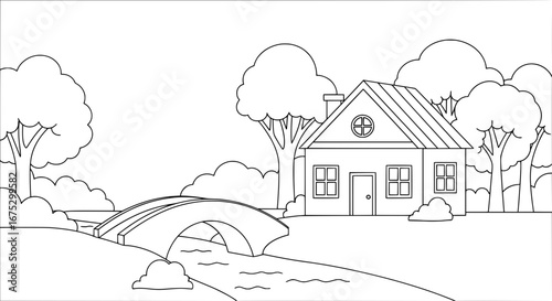 Scenic house with trees and bridge on transparent background