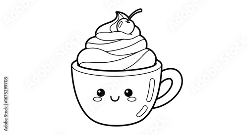 Cute coffee cup with whipped cream and cherry on transparent background