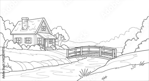 Rustic house with bridge and river on transparent background