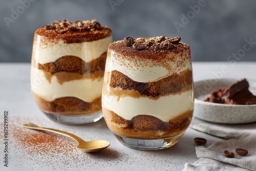 Wallpaper Mural Vibrant photo of food photography of two glasses with layered tiramisu, chocolate, and coffee cream on a white background with a grey backdrop. Torontodigital.ca