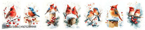 Watercolor Christmas birds