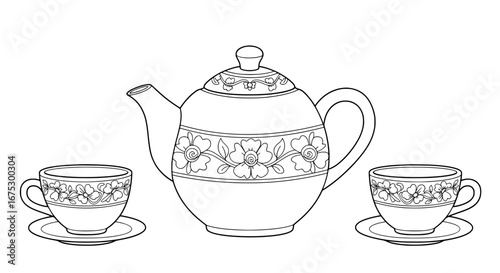 Decorative teapot with two cups and floral patterns