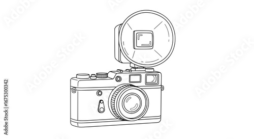 Camera with flash and lens on transparent background