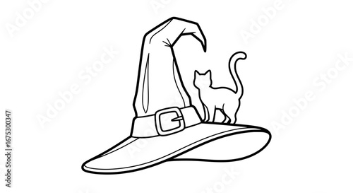 Witch hat with cat silhouette on transparent background
