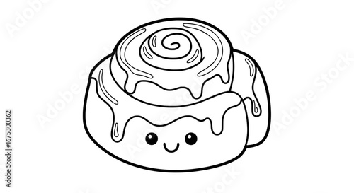 Cute cinnamon roll with chocolate drizzle and smiling face