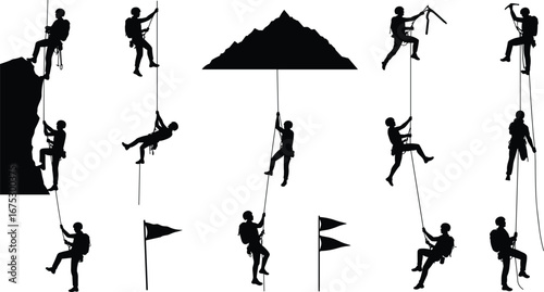 Climbers silhouettes, mountain climbing, rope climbing, adventure hiking, mountaineering, alpinist, extreme sport, rappelling, summit flag, outdoor adventure vector