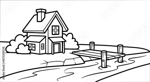 House with garden and dock with transparent background