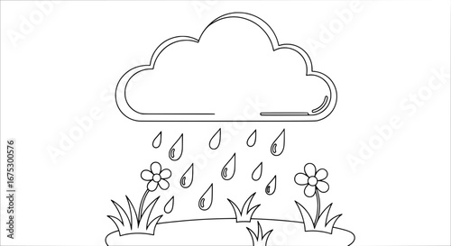 Rain cloud with raindrops and flowers with transparent background