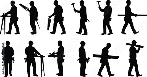 Construction worker silhouettes, carpenter, builder, handyman, working with tools, hammer, saw, wood, labor, tradesman, repair, industry, building vector