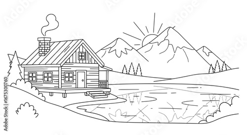 Countryside cabin with mountains and lake with transparent background