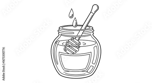 Honey jar with honey dipper and drops transparent background
