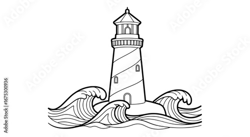 Lighthouse on rocky coast with waves and transparent background