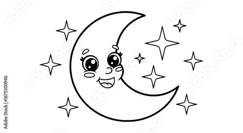 Cartoon moon with smiling face and stars with transparent background