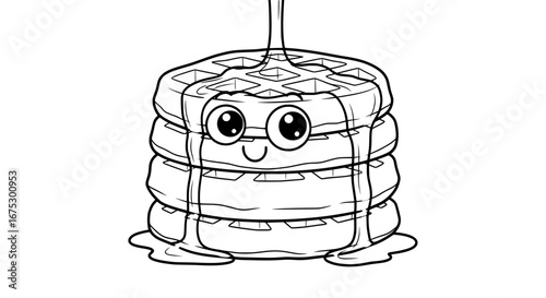 Cute stack of waffles with smiling face and transparent background