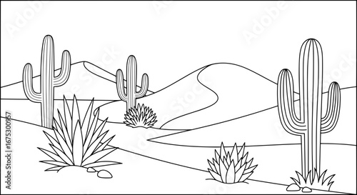 Desert landscape with cacti and mountains with transparent background