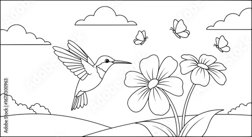 Hummingbird hovering near flowers with transparent background