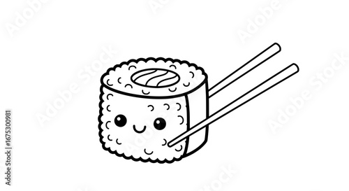 Cute sushi roll with chopsticks on transparent background