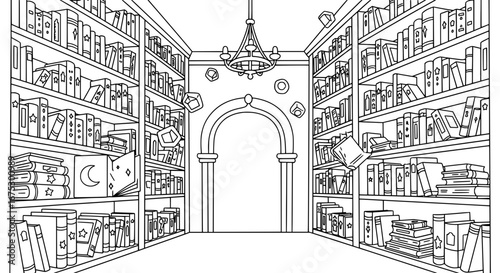 Library interior with bookshelves and chandelier with transparent background