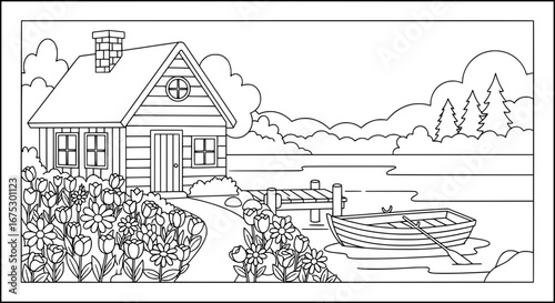 Line art of lakeside house with floral garden and boat with transparent background