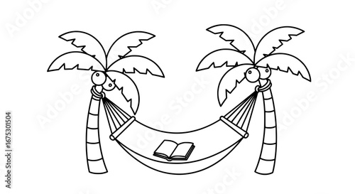 Palm trees with hammock and open book on transparent background