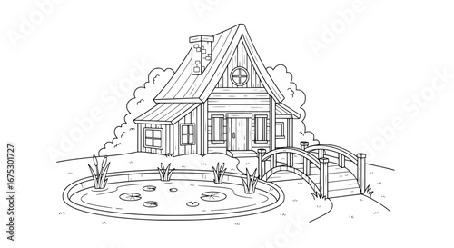 House with garden and pond with transparent background