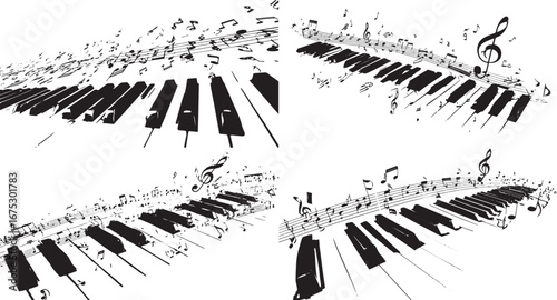 Piano keys with musical notes, a vector black and white clipart on a white background.eps
