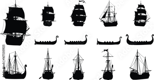 Historic sailing ship silhouettes, Viking longboat, old galleon vessels, maritime navy fleet, antique boat illustration, nautical vector, ocean transport design