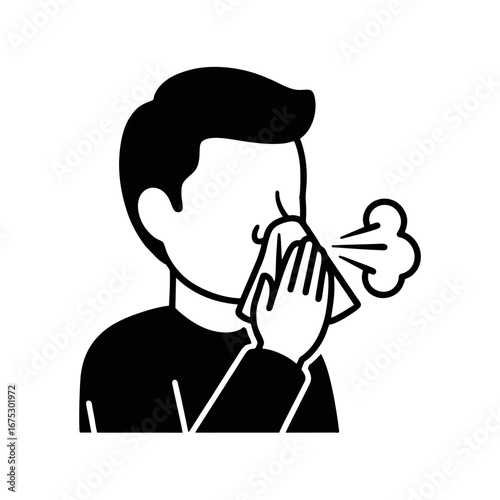 Person Blowing Nose with Tissue, Black and White Vector Illustration