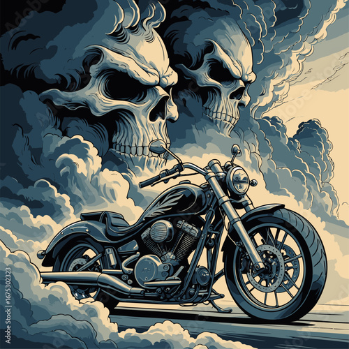 vector cruiser motorbike with a background of clouds forming a skull