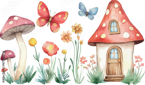 Whimsical watercolor illustration of a fairytale mushroom house with fluttering butterflies and delicate wildflowers in a magical forest setting