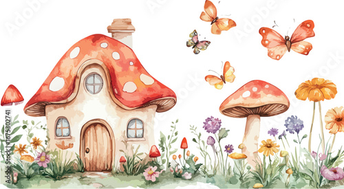 Enchanting watercolor illustration of a whimsical mushroom house nestled in a magical forest clearing with butterflies