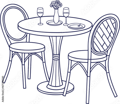 Elegant dining table with two chairs, wine glasses, and a flower vase in line art style. Perfect for restaurant decor, home dining design, and minimalist interior illustrations.
