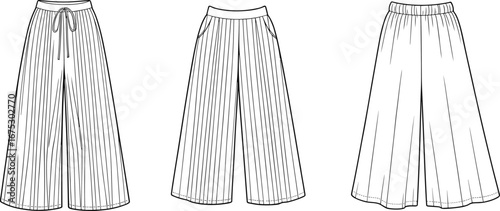 Flat fashion sketch of pleated wide-leg pants, front and back view, technical drawing, elastic waist trousers, garment design template, vector clothing illustration