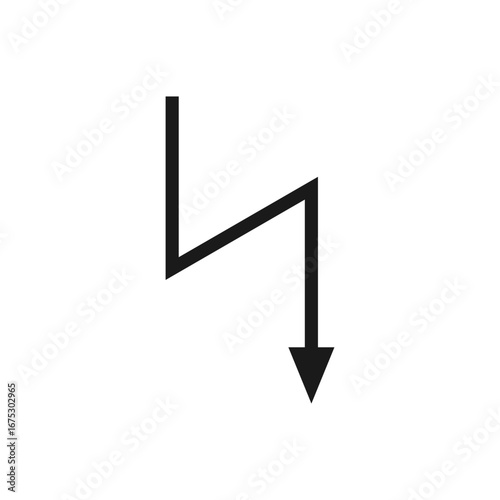 Zigzag downward arrow. Vector illustration. A curved arrow with sharp angles points down.