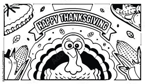 Thanksgiving Turkey Feast with Pumpkin, Pie, Corn, and Harvest Vegetables — Festive Holiday Illustration for Autumn Celebration and Seasonal Design