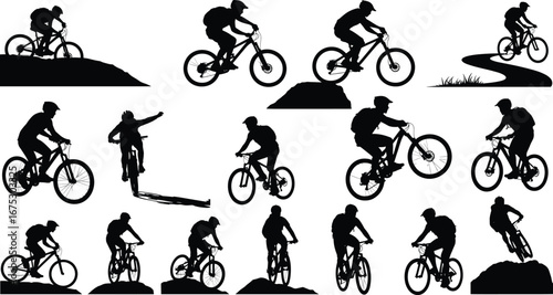 Mountain biking silhouettes, cyclist riding uphill, downhill action, extreme sport, outdoor adventure, bike trail, mountain rider, jump stunt vector illustration