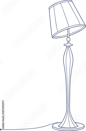 Elegant floor lamp line art illustration with classic lampshade, ideal for home decor design, modern interior concepts, lighting elements, and minimalist vector artwork.