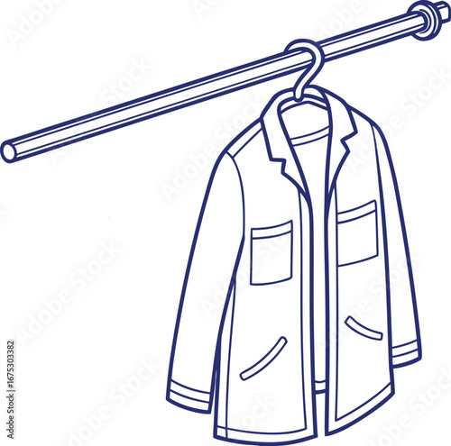 Minimalist line art of a hanging coat on a clothing rack, simple wardrobe illustration for fashion, storage, dressing room, closet, and interior design concepts.