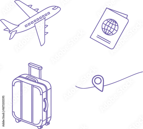 Travel icon set with, suitcase, passport, and location pin, perfect for tourism, vacation, trip planning, booking apps, and travel websites in clean modern line art style.