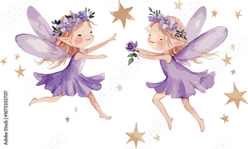Two adorable watercolor fairies with delicate purple wings and floral crowns dancing among golden stars